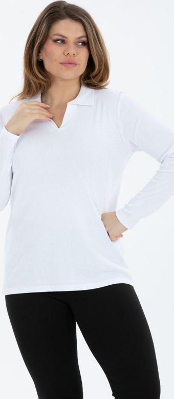 Banega Curve Büyük Beden Pamuklu Likralı V Yaka Basic Düz Beyaz Bluz