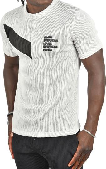 DeepSEA Erkek Gri Fitilli Örme Kumaş Slim Fit Likralı Bisiklet Yaka Tişört 2403230
