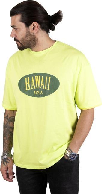 DeepSEA Erkek Yeşil Önü Hawaii Yazı Baskılı Oversize Tişört 2200509