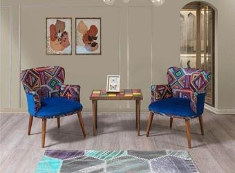 Mobilya Bazarı Bienville Mavi Çay Seti 2 Tekli Koltuk Sehpa (Salon - Balkon - Cafe Ofis)