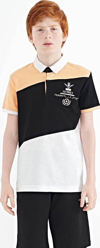 Beyaz Renk Bloklu Nakış Detaylı Standart Kalıp Polo Yaka Erkek Çocuk T-Shirt - 11088