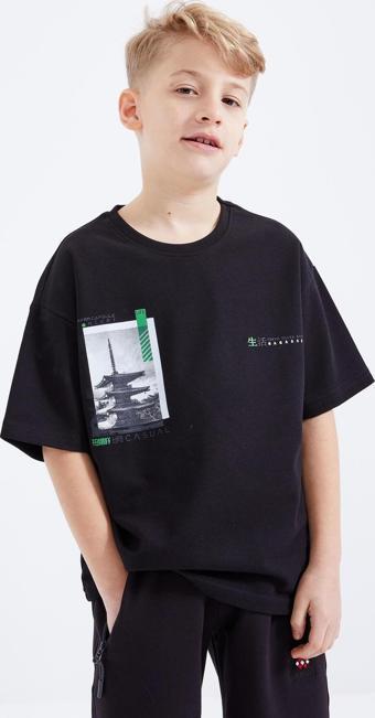 Siyah Oversize Baskılı Kısa Kollu O Yaka Erkek Çocuk T-Shirt  - 10925