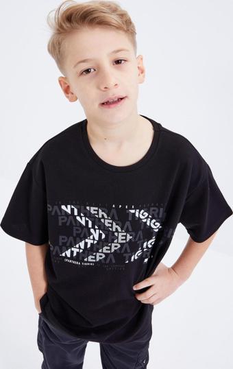 Siyah Oversize  Yazı Baskılı Kısa Kollu O Yaka Erkek Çocuk T-Shirt  - 10930