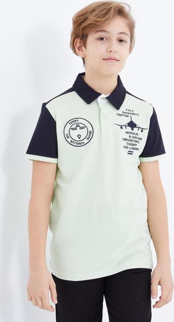Açık Yeşil Nakış Detaylı Kısa Kollu Polo Yaka Erkek Çocuk T-Shirt  - 10906