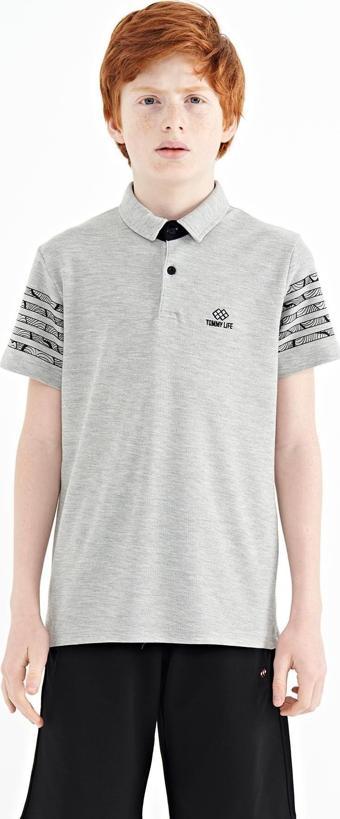 Gri Melanj Kol Baskı Detaylı Standart Kalıp Polo Yaka Erkek Çocuk T-Shirt - 11093