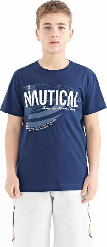 İndigo Yazı Baskılı O Yaka Standart Kalıp Erkek  Çocuk T-Shirt - 11100