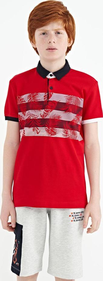 Kırmızı Baskı Detaylı Standart Kalıp Polo Yaka  Erkek Çocuk T-Shirt - 11101