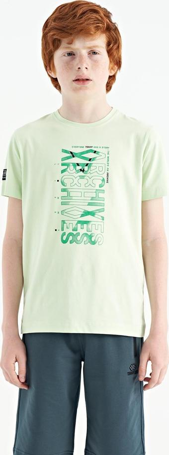 Açık Yeşil Ön Baskı Detaylı O Yaka Standart Kalıp Erkek Çocuk T-Shirt - 11099