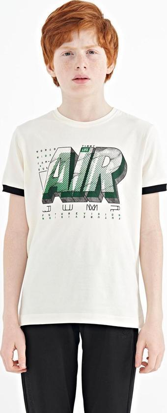 Ekru Yazı Baskılı Standart Kalıp O Yaka Erkek Çocuk T-Shirt - 11098