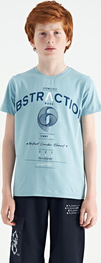 Açık Mavi Yazı Baskı Detaylı O Yaka Standart Kalıp Erkek Çocuk T-Shirt - 11103