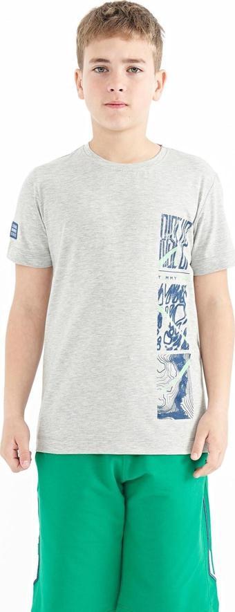 Gri Melanj Baskı Detaylı O Yaka Standart Kalıp Erkek Çocuk T-Shirt - 11104
