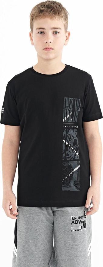 Siyah Baskı Detaylı O Yaka Standart Kalıp Erkek Çocuk T-Shirt - 11104