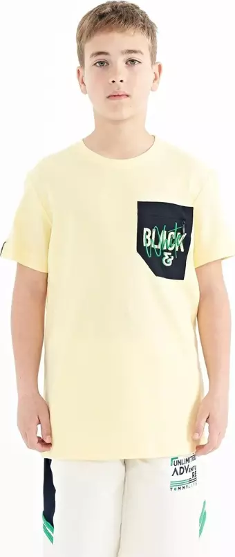 Sarı Ön Cepli Nakış Detaylı O Yaka Standart Kalıp Erkek Çocuk T-Shirt - 11116