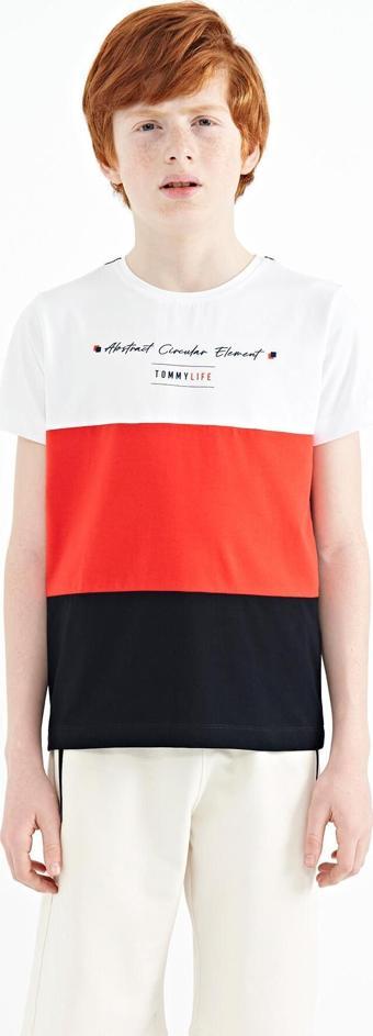 Lacivert Renk Bloklu O Yaka Baskı Detaylı Standart Kalıp Erkek Çocuk T-Shirt - 11135