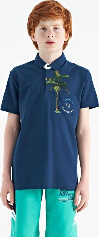 İndigo Baskılı Cep Detaylı Standart Kalıp Polo Yaka Erkek Çocuk T-Shirt - 11144