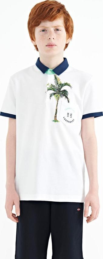 Beyaz Baskılı Cep Detaylı Standart Kalıp Polo Yaka Erkek Çocuk T-Shirt - 11144