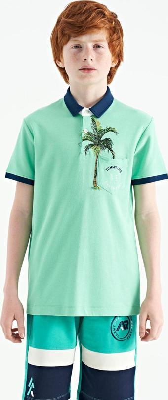 Su Yeşili Baskılı Cep Detaylı Standart Kalıp Polo Yaka Erkek Çocuk T-Shirt - 11144