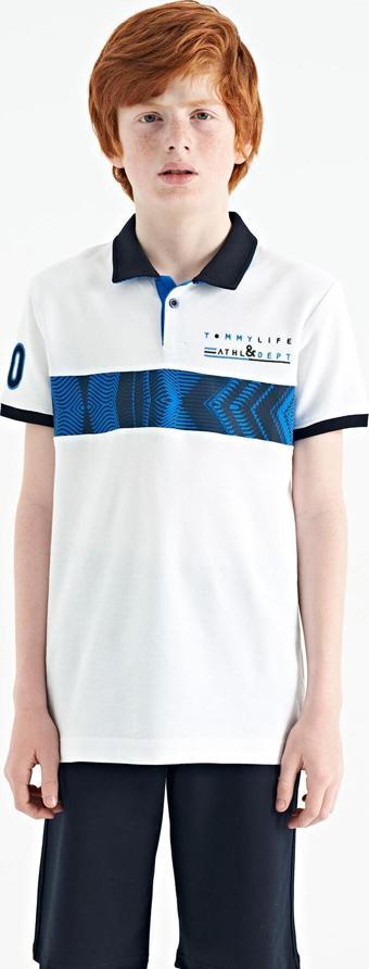 Beyaz Şerit Baskı Detaylı Pola Yaka Standart Kalıp Erkek Çocuk T-Shirt - 11162