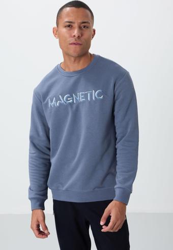 Petrol Yazı Nakışlı O Yaka Rahat Form İçi Polarlı Erkek Sweatshirt - 88020