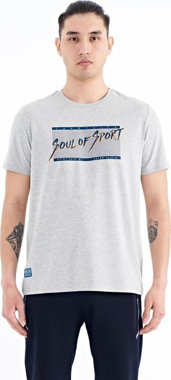 Gri Melanj Yazı Desen Baskılı Standart Kalıp O Yaka Erkek T-Shirt - 88172