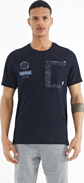 Lacivert Cep Detaylı Baskılı O Yaka Erkek T-shirt - 88184
