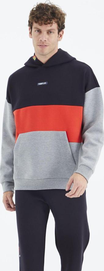 Gri Melanj Kapüşonlu Renk Bloklu Rahat Kalıp Erkek Sweatshirt - 88295