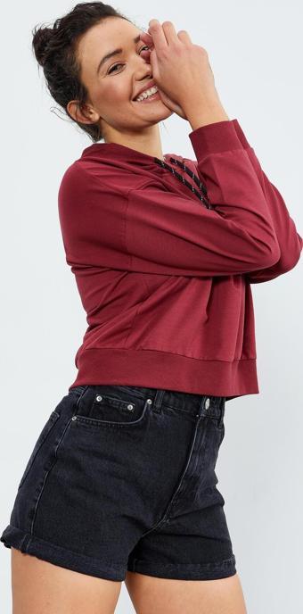 Bordo Uzun Kol Rahat Form Kapüşonlu Kadın Sweatshirt - 97115