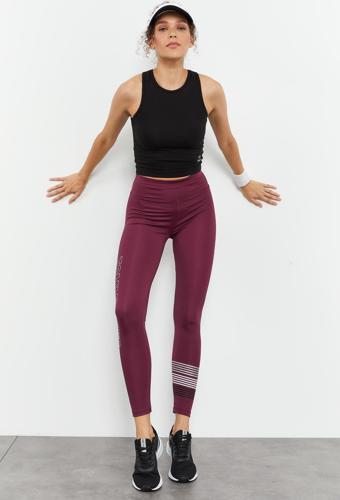 Bordo Yüksek Bel Yazı Baskılı Slim Fit Dar Paça Kadın Tayt - 94544