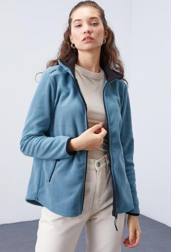 Mint Yeşili Dik Yaka Fermuarlı Rahat Form Kadın Polar Sweatshirt - 97173
