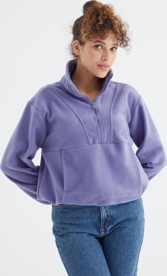 Açık Eflatun Yarım Fermuar Etek Ucu Büzgülü Kadın Polar Oversize Sweatshirt - 97171