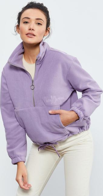 Eflatun Yarım Fermuar Etek Ucu Büzgülü Kadın Polar Oversize Sweatshirt - 97171
