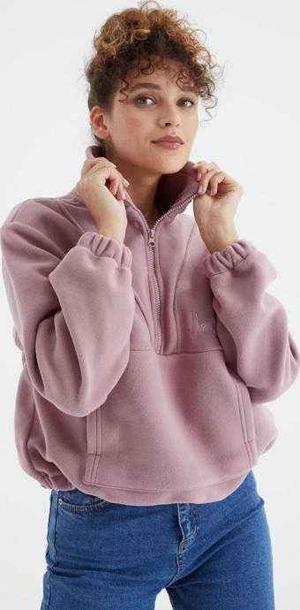 Gül Kurusu Yarım Fermuar Etek Ucu Büzgülü Kadın Polar Oversize Sweatshirt - 97171