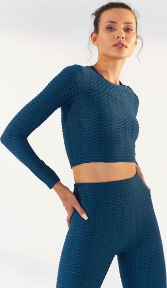 Zümrüt Kendinden Desenli O Yaka Uzun Kol Kadın Crop Top T-Shirt - 97153
