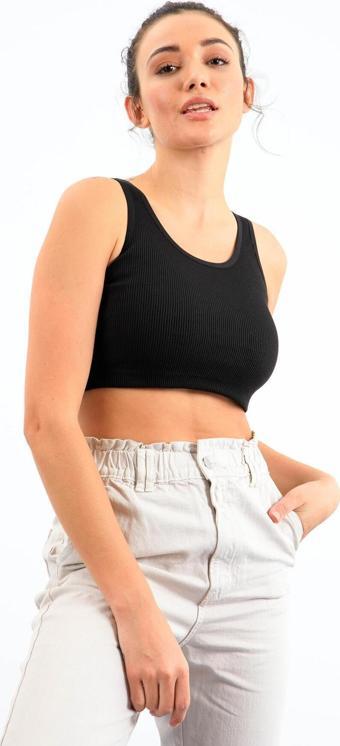 Siyah Basic Sıfır Kol Dar Kalıp U Yaka Kadın Crop Top Atlet - 97160