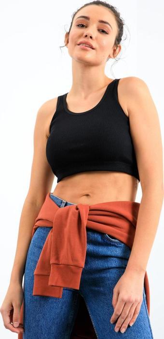 Lacivert Basic Sıfır Kol Dar Kalıp U Yaka Kadın Crop Top Atlet - 97160