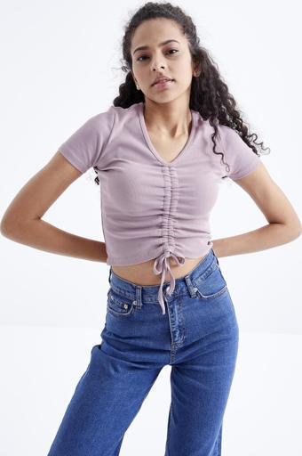 Gül Kurusu Büzgü Detaylı V Yaka Kadın Crop Top T-Shirt - 97205