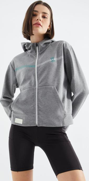 Gri Melanj Kapüşonlu Fermuarlı Kadın Sweatshirt - 97277