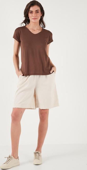 Lela Pamuklu Standart Fit Normal Bel Bağlamalı Cepli Bayan Şort 668YP5326 TAŞ