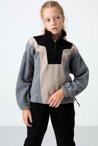 Gri Melanj Kalın Yumuşak Dokulu Oversize Nakışlı Polar Kız Çocuk Sweatshirt - 75153