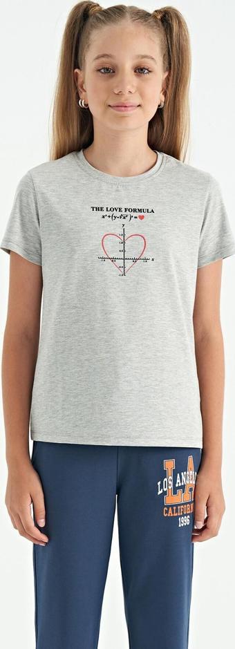Gri Melanj O Yaka Baskı Detaylı Rahat Kalıp Kız Çocuk T-Shirt - 75129