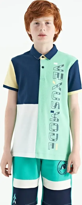 Su Yeşili Renk Bloklu Baskı Detaylı Standart Kalıp Polo Yaka Erkek Çocuk T-shirt - 11112