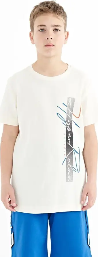 Ekru Yazı Baskılı O Yaka Standart Kalıp Erkek Çocuk T-Shirt - 11119