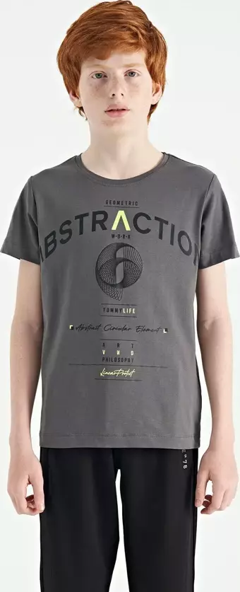 Koyu Gri Yazı Baskı Detaylı O Yaka Standart Kalıp Erkek Çocuk T-Shirt - 11103