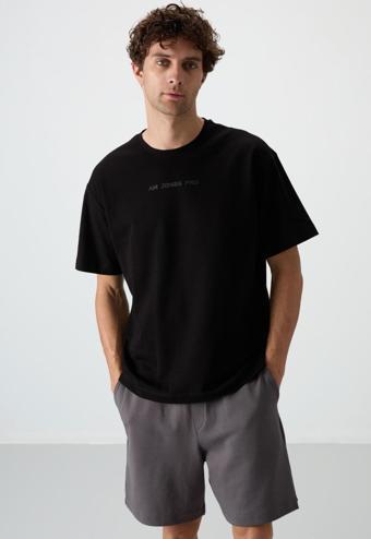 Siyah Pamuklu Kalın Yüzeyi Dokulu Oversize Fit  Baskılı Erkek T-Shirt - 88364