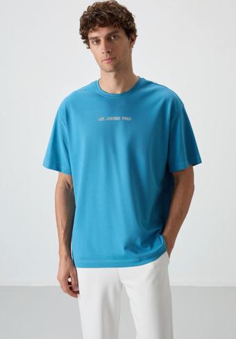 Petrol Mavi Pamuklu Kalın Yüzeyi Dokulu Oversize Fit  Baskılı Erkek T-Shirt - 88364