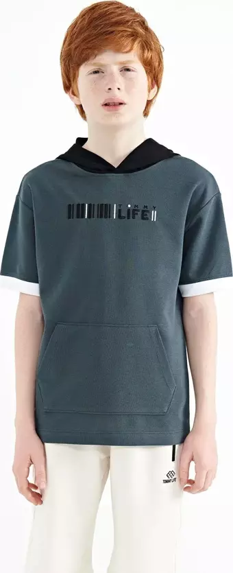 Orman Yeşili Renk Bloklu Kapüşonlu Kanguru Cepli Oversize Erkek Çocuk T-Shirt - 11148