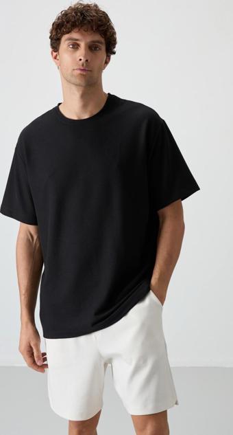 Siyah Waffle İnterlok Yüzeyi Dokulu Oversize Fit Basic Erkek T-Shirt - 88379