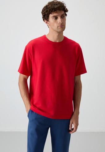 Kırmızı Waffle İnterlok Yüzeyi Dokulu Oversize Fit Basic Erkek T-Shirt - 88379