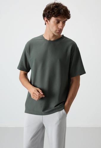 Haki Waffle İnterlok Yüzeyi Dokulu Oversize Fit Basic Erkek T-Shirt - 88379
