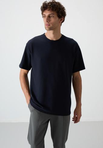 Lacivert Waffle İnterlok Yüzeyi Dokulu Oversize Fit Basic Erkek T-Shirt - 88379